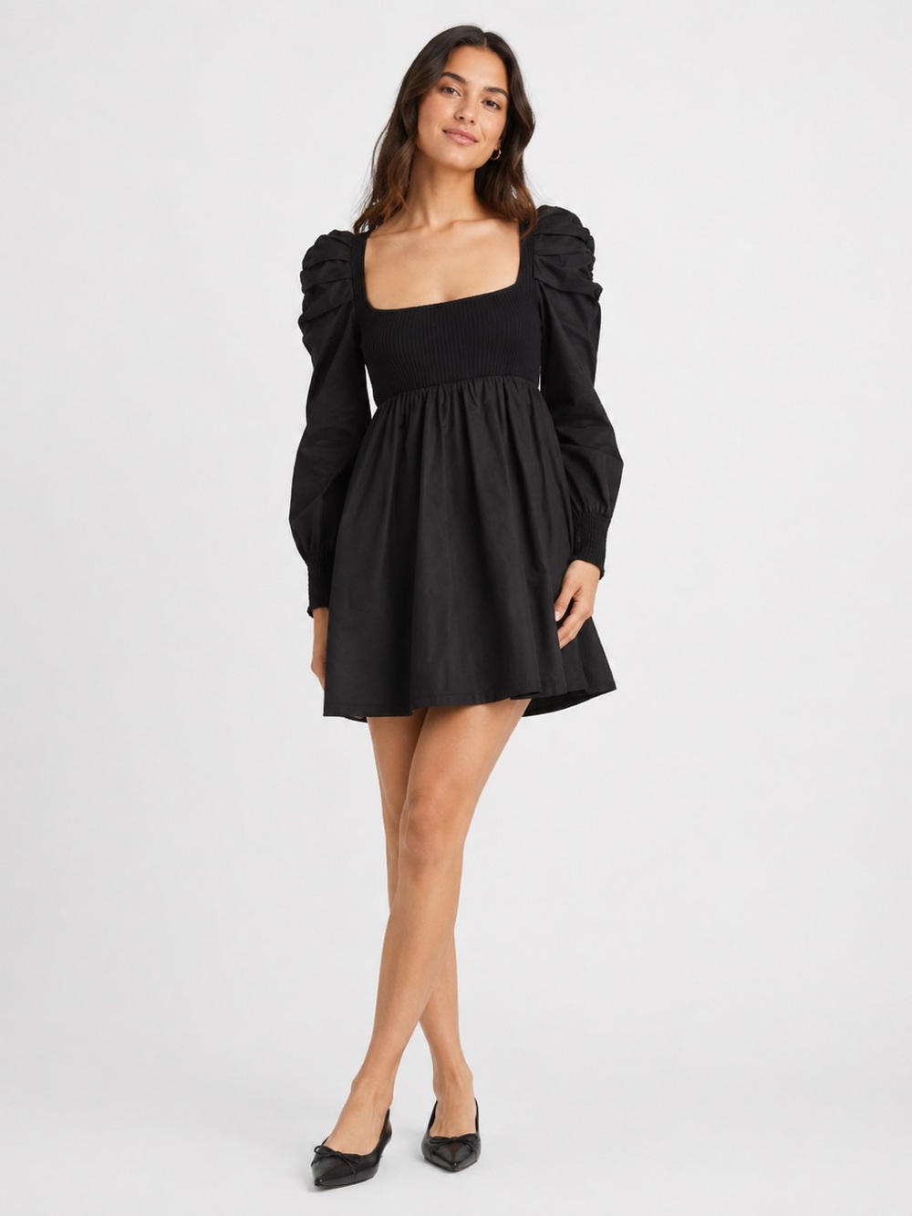✨🖤 En Saison Combination Ruched Long Sleeve Babydoll Mini Dress Black Medium 🖤✨